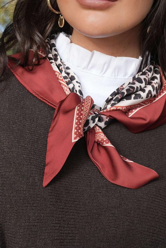 Leopard & Tile Border Triangle Silk Neckerchief Deep Rust